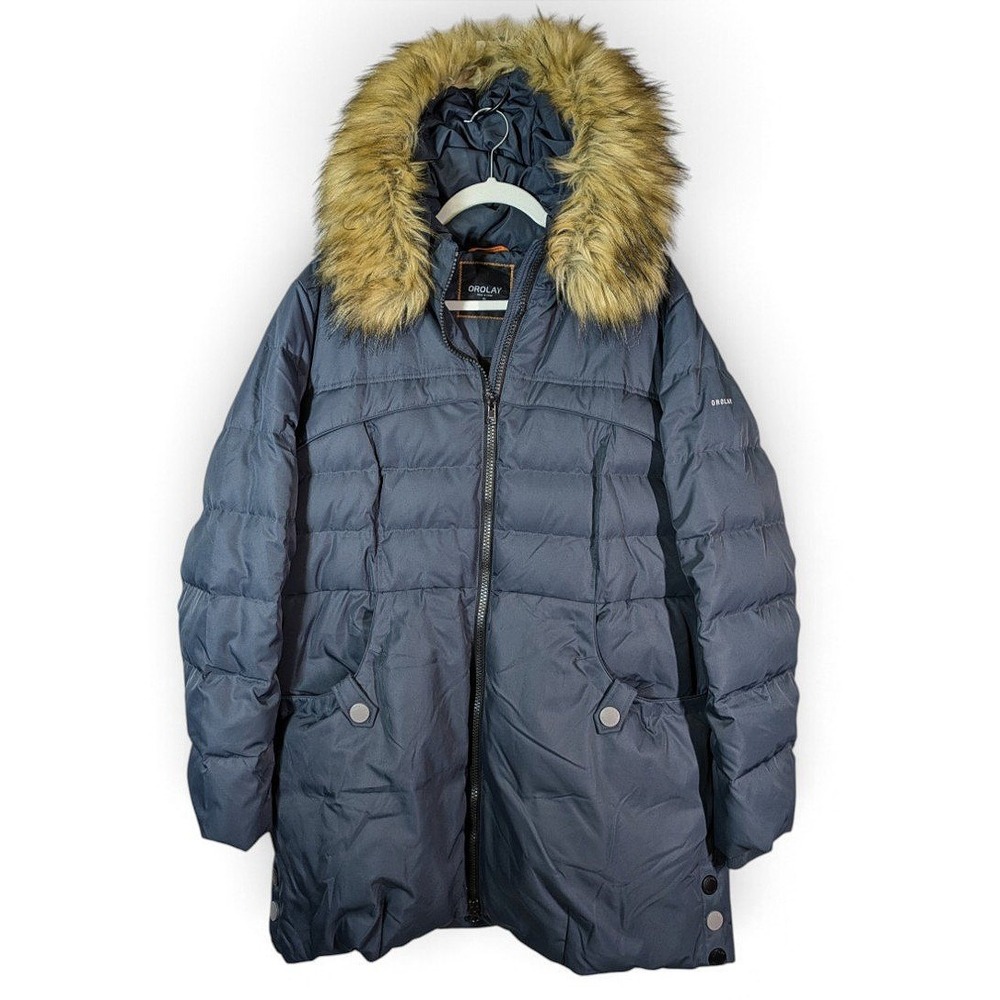 Orolay Down Jacket Puffer Parka Faux Fur Hood Blue XL Winter Coat Quilted Warm